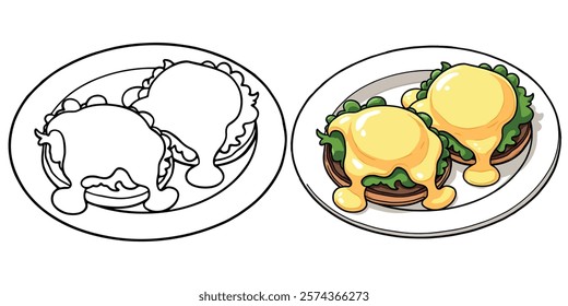 Eggs Benedict Line Art Vector Illustration Black and White with Coloring Sample. Bold and Easy Food, Fruits, Sweets, Drinks, Dessert, and Snacks Coloring Pages for Adults and Kids.