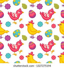 Eggs and birds chicken and flowers Easter seamless pattern vector holiday wallpaper bud or blossom and flying animal endless texture painted shell with ornament Christian religion event symbols.