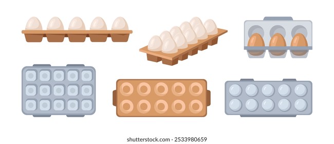 Eggs in boxes, farmer production, organic farm food for market place, store or shop. Vector poultry products, agriculture chicken ingredients in open packages. Organic raw meal from mall