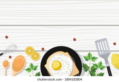 Eggs Bread on Cooking White Wooden Table Kitchen Backdrop Illustration