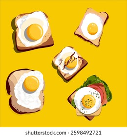 Eggs and bread. Sandwich design creative concept with fried egg. Fast food. Vector illustration in flat style