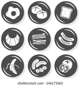 eggs bread toast croissant bacon sausages fruit vegetables monochrome isolated gray flat icon set with light shadow on white background 
