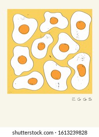 Eggs breakfast menu retro promo poster design on old paper texture. Happy World Egg Day concept with pan and egg. Vintage Poster. Breakfast menu.Design in retro style
