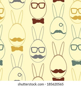 eggs with bunny ears, fashion glasses, moustache, bow-tie, eyepiece, easter seamless pattern, hipster modern style