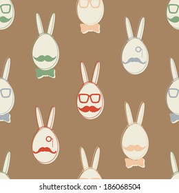 eggs with bunny ears, fashion glasses, moustache, bow-tie, eyepiece, easter seamless pattern, hipster modern style, graphic design for fabric, website, packaging, invitations, greeting cards
