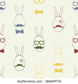 eggs with bunny ears, fashion glasses, moustache, bow-tie, eyepiece, easter seamless pattern, hipster modern style, graphic design for fabric, website, packaging, invitations, greeting cards