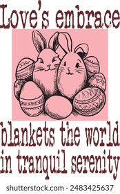 Eggs and bunny for Easter  (Love's embrace blankets the world in tranquil serenity) art for print on demand (t shirt design).