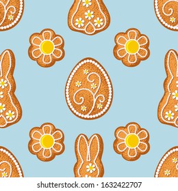 
Eggs, Bunny and flowers with different pattern icing. Vector seamless pattern. Easter gingerbread cookies design.