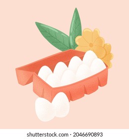 Huevos en la ilustración de la caja de la tarjeta de vector dibujada a mano. Huevos a la derecha en el embalaje. Elemento texturado para el diseño de pancartas o carteles en el mercado agrícola.