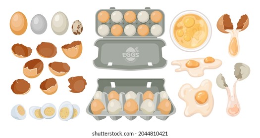 Eggs in carton box tray and broken, farm product