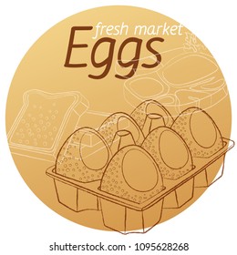 Eggs in carton hand drawn linear illustration. Cartoon vector icon on beige background