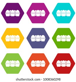 Eggs in carton package icon set many color hexahedron isolated on white vector illustration