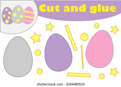 Eggs in cartoon style, education easter game for the development of preschool children, use scissors and glue to create the applique, cut parts of the image and glue on the paper, vector illustration