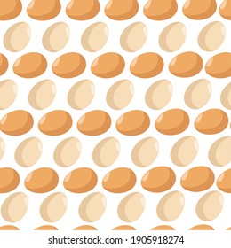Eggs of chicken seamless pattern for easter holiday celebration. Farm production, uncooked organic ingredient from farm. Farming and agriculture, different eggshell color, vector in flat style