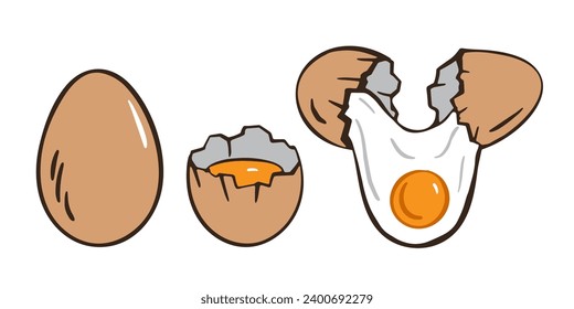 Eggs Chicken set. Broken, whole egg, yolk collection. Vector doodle design element for book, cookbook illustration, poster, farm package design.