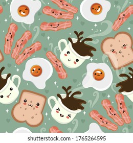 Eggs, coffee and bacon seamless pattern. Cute breakfast. Vector graphics