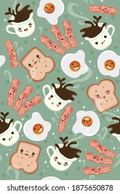 Eggs, coffee and bacon seamless pattern. Cute breakfast. Vector graphics