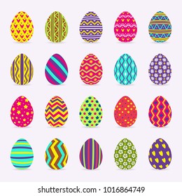 Eggs collection with different pattern colorful style isolated on background for greeting card, promotion, party poster, tag, decoration, banner sale, stamp, label, special offer. Vector Illustration