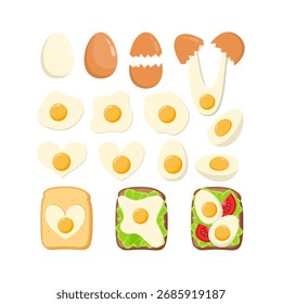 Eggs Collection. Eggshell, Fried and Boiled Eggs, Egg Sandwich Vector Flat Set.