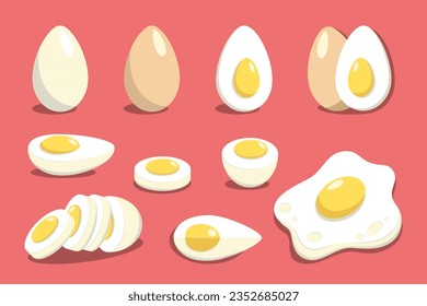 Eggs collection. Flat vector clip art elements on red background. Fresh and healthy food icons.
