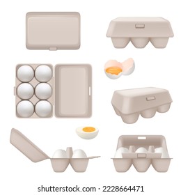 Eggs containers. Tray boxes for food eggs packages for retail decent vector set isolated
