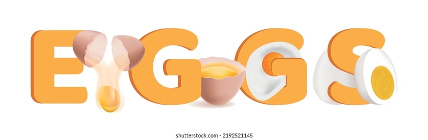 Eggs cook realistic text composition orange big letters boiled and raw eggs vector illustration