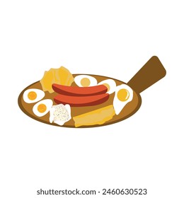 Eggs cooked in different ways and sausages. Breakfast vector illustration