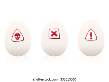 Eggs with danger symbols on it - warning against unhealthy food or nutrition. Isolated vector illustration on white background.