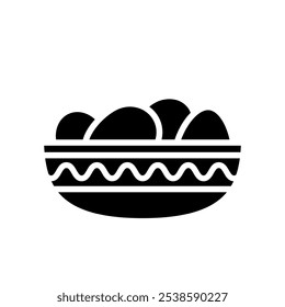 Eggs in a decorated bowl icon in black silhouette isolated on white background. Cooking concept. Organic farming products. Healthy diet. Web design, mobile app graphic element. Vector illustration