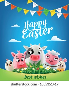 eggs decorated with cow chicken mouse sheep pig farm animals for easter greeting card