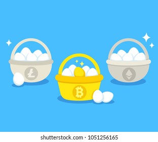 Eggs in different baskets with main cryptocurrency symbols: Bitcoin, Litecoin, Ethereum. Crypto investment portfolio diversification concept. Modern flat vector style illustration.