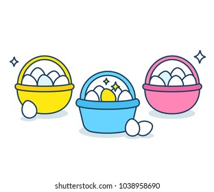 Eggs in different baskets. Metaphor for business and investment portfolio diversification strategy. Modern flat vector style illustration.