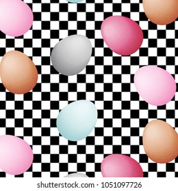 eggs of different colors on black and white racing and checkered pattern background. black and white tile