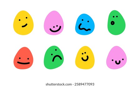 Eggs with different emotions. Funny cartoon illustrations with smiling character and mascots, abstract stickers. Comic emoji color icons. Various emotions. Vector abstract trendy face emotions set