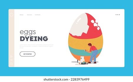 Eggs Dyeing Landing Page Template. Little Boy Prepare for Easter Spring Holiday Celebration. Tiny Child Character with Paints in Bucket and Brush Decorate Huge Egg. Cartoon Vector Illustration