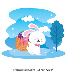 eggs easter in basket wicker with bunny and landscape vector illustration design