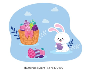 eggs easter in basket wicker with rabbit vector illustration design
