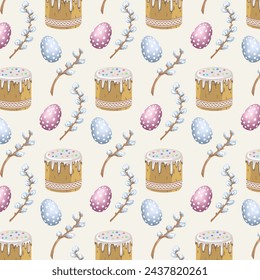 Eggs and Easter cake in a pattern.Vector seamless pattern with Easter eggs and Easter cake on a colored background with willow branches.