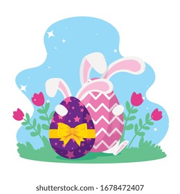 eggs easter decorated with ears rabbit vector illustration design