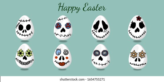 Eggs at Easter, in the form of funny and scary faces. For the decoration of the holiday. Templates.