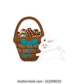 eggs easter inside the hamper and rabbit running