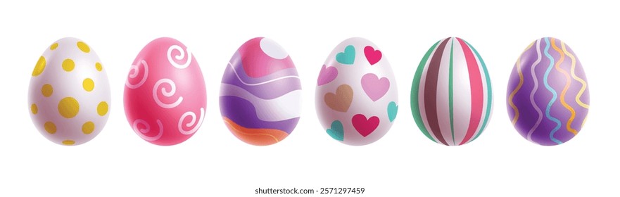 Eggs eater 3d colorful clipart set. Easter egg drawing with circle, spiral, heart and wave print and pattern collection. Vector illustration oval egg hunt clip art. 
