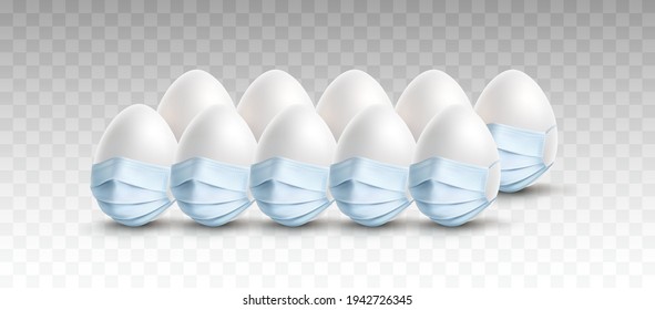 Eggs with face masks isolated on transparent background. Vector medical safety corona virus protection poster. Easter special template