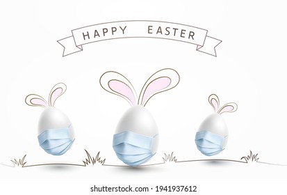 Eggs with face masks on white background. Vector medical safety corona virus protection poster. Easter special holiday banner