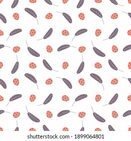 Eggs and feathers Easter seamless pattern. Design for Easter, textile, paper, printing, scrapbooking, greeting cards. Vector illustration