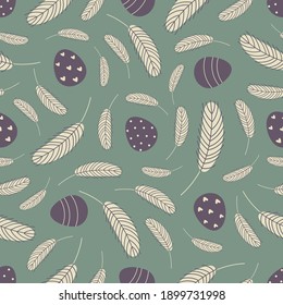 Eggs and feathers Easter seamless pattern. Design for Easter, textile, paper, printing, scrapbooking, greeting cards. Vector illustration