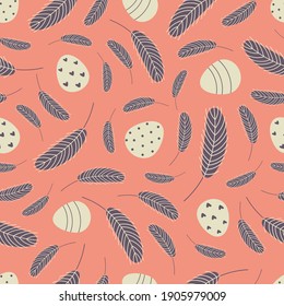 Eggs and feathers Easter seamless pattern. Festive Easter background. Design for Easter, textile, paper, printing, greeting cards, scrapbooking