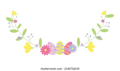 Eggs and flowers border. Seasonal design element for greeting card, invitation, flyer. Holidays decorative vector illustration.