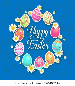 Eggs and flowers on blue background for design card, banner,ticket, leaflet and so on.Template page with handwritten inscription Happy Easter. Holiday card.