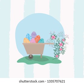 eggs and flowers in wheelbarrow